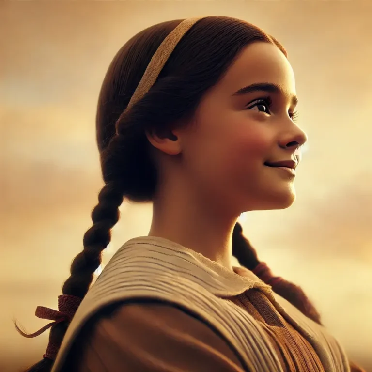 DALL·E 2024-10-27 13.55.52 - A young colonial girl with dark brown braids, consistent with previous images, stands tall on a hilltop, looking into the distance with a hopeful expr (1)